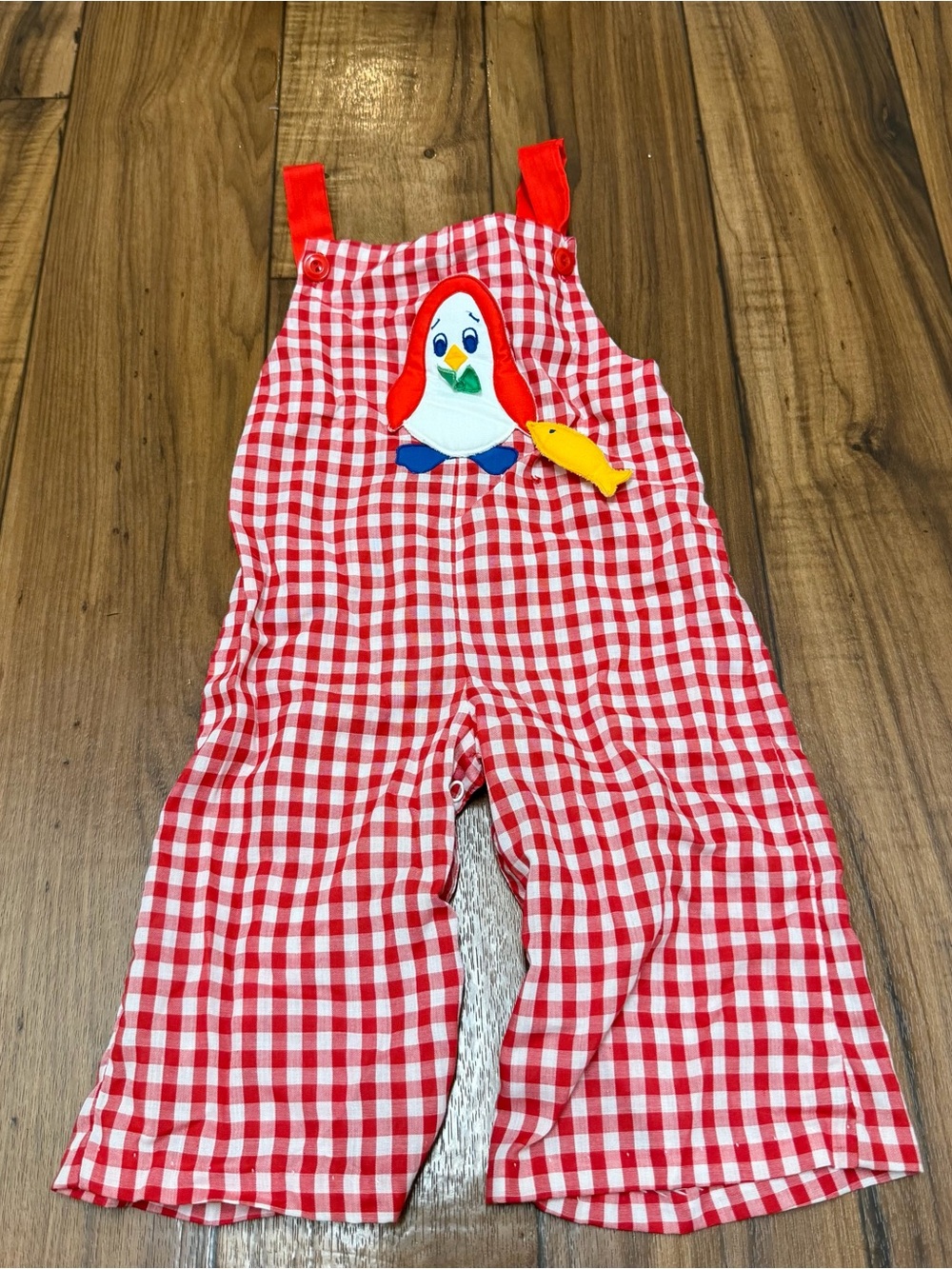 Vintage Red White Gingham Overalls Flowy Penguin Baby Toddler Large